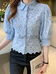 Kvinnors blusar skjortor H Han Queen Summer Blusas Basic Office Lady Blusas Vintage Lace Tops Elegant Chiffon Blue Women Loose Hollow Out Casual Shirts J230802