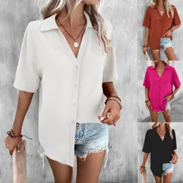 Women's Blouses 2023 Summer Shirt Top Short Sleeve V-Neck Solid Color Single Breasted Loose White Women LuckBN