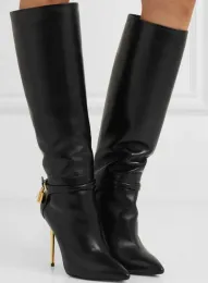 Повседневная обувь высочайшего качества Winter Fashion Женщины с длинными коленными ботинками Fords Padlock кожаные блокировки и подключи