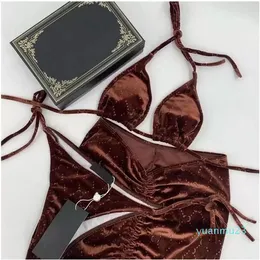 Clássico 3 Peças Conjunto de Biquíni de Veludo Roupa de Banho Moda Maiô Estampado com Letras Protetor Solar Férias Sexy Meninas Roupa de Praia339M