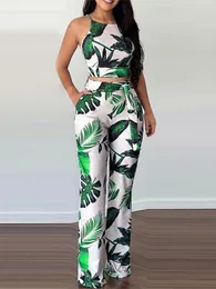 Women's Two Piece Pants Sleeveless Printed Crop Tops Pockets High Waist Set Women Summer 230802