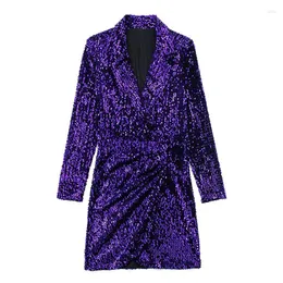Casual Dresses Women 2023 Fashion Purple Sequined Autumn Dress Vintage hackad krage långa ärmar kvinnliga fest bankettkläder