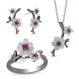Necklace Earrings Set Elegant Magnolia Flower Jewelry Metal Branch Red Rhinestone Floral Pendant Crystal Stud Ring Sets Z4T549