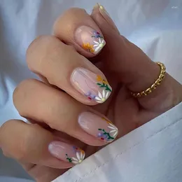 False Nails 24Pcs Summer Flowering Straw Designs Short Square Fake Nail Tips With Glue Simple French Press On Wearable