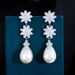 Charm Flower Imitation Pearl Designer Earring For Woman Wedding Luxury White AAA Cubic Zirconia Drop Stud Diamond Earrings S925 Sterling Silver Needle Jewelry