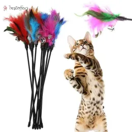 24 godziny wysyłki !! Chirstmas Cat Toys Kitten Pet Teaser 38 cm Turkey Feather Interactive Sticky z Bell Drut Wand Bdc13 LL