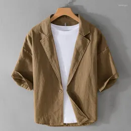 メンズジャケット春の夏の通気性メンズコットンリネンウェディングスーツコートポケット付き半袖ビジネスジャケットブレザーストリートウェア