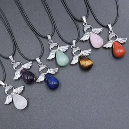 Natural Stone Angel Pendant Necklace Pink Crystal Opal ampyst Charms Pu Chain Halsband för kvinnliga smycken
