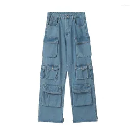 Mäns jeans 2023 American Retro High Street Multi-Pocket Blue Washed Y2k High-midjiga par Lossa avslappnade bredben Pants Womens