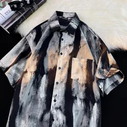 Men's Casual Shirts Retro Tie-dye Short Sleeve For Men Vertical Stripes Spliced Lapel Oversize Blouses Fshion Summer Man Cardigan