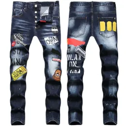 Мужские джинсы Hip Street Pants Street Trend Trend Zipper Rath Retach Black Fashion Slim Fit, промытая мотоцикл джинсовая панель брюки, брюки CXG08031