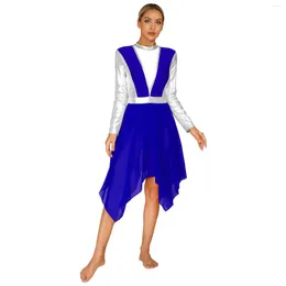 Bühnenkleidung Damen Lyrical Praise Dance Dress Langarm-Kleider mit unregelmäßigem Saum Dancewear Prom Party Liturgische Performance-Kleidung