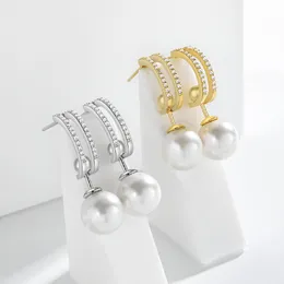 Stud Earrings S925 Silver Somen's Crystal Earrings A Multi-Wear C-Shaped Zircon Earrings Light Luxury Temperament Pearl All-Match Pendant Earrings