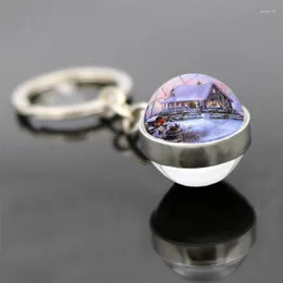 Keychains WG Christmas Snow House Keychain Pendant Time Gemstone Double-Sided Glass Ball Tree Scene