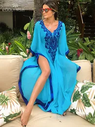 Abiti casual di base Bohemian Ricama Summer Beach Dress Chiffon Tunica Donna Plus Size Beachwear Caftano Sexy Mezza manica Maxi Dress Robe N746 230803