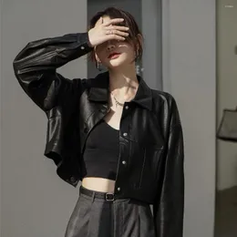 Women's Leather Coat 2023 Spring Korean Short Polo Collar Pu Motorcycle Wear Veste Femme Deri Ceket