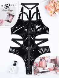 Sexy Skirt SINGREINY PU Spliced Halter Backless Rompers Fashion Hollow Out Corset Playsuits Female Bodycon Porno Lingerie Sensual Bodysuits 230803