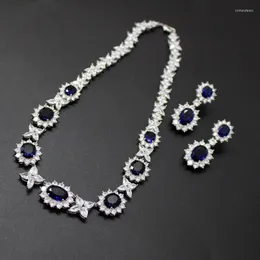 Necklace Earrings Set Europe America Fashion High-end Women Lady Inlay Blue Cubic Zircon Pendant 925 Silver Needle
