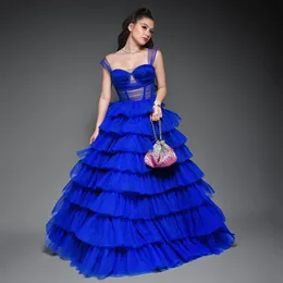 Royal Blue Ruffles Tiered Prom Dresses Wide Strap Ruched Long Homecoming Dress Layered Tulle Skirt Special Oppys Gown