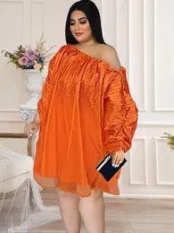 Grote maten jurken oranje losse dames off-shoulder pullover doorzichtige mouw oversized jurken voor dames casual feestoutfits met voering 230803