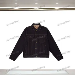 Xinxinbuy 남자 디자이너 코트 재킷 데님 더블 사이드 더블 레터 자카드 패브릭 긴 소매 여자 회색 검은 흰색 블루 S-XL