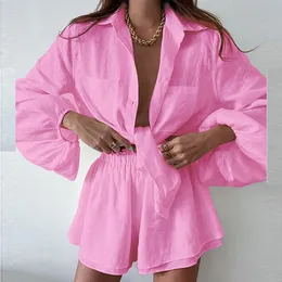 Women's T-Shirt Spring Summer Bohemian Pink Shorts Sets Puff Sleeve Blouse Suit 2 Two Piece Set for Women Solid Loose Fit Outfits 230802