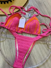 Roupa de banho feminina Conjuntos de biquíni de tecido crochê Sexy Maiô ajustável Top com cadarço Maiô feminino rosa com amarelo Boho Beachwear Swim 230803