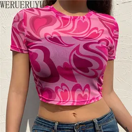 Koszulka damska seksowna siatka top top damskie T Shirt Summer Summer Short Sleeve Przezroczysty estetyczny różowy grafika Tshirty Koreańskie ubrania modowe 230802
