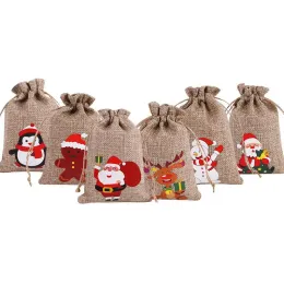 DHL Christmas Burlap Linen Drawstring Bag Gift Wraps Santa Claus Snowman Penguin Elk Candy Jewelry Packaging Storage Bags Xmas Favors Decoration 8.3