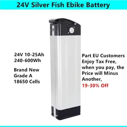 Frete grátis peixe prata descarga inferior bateria ebike 24v 10ah 12ah 15ah 20ah para 24v 250w 350w 500w bateria E-bike