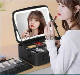 Kompakta speglar LED HD -spegel Makeup Storage Box Cosmetic Organize Makeup Bag Women's Handbags Smart LED Light Mirror Travel Beauty Toalettety X0803