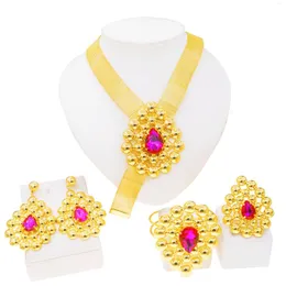 Halsband örhängen set est smycken brasilien guld färg kvinna lyx röd konstgjord sten stor ring bröllop bankett