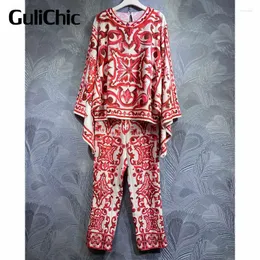 Women's Two Piece Pants 7.26 GuliChic Women Fashion Runway Sets Porcelain Print O-Neck Beading Decoration Loose Blouse And High Waist Suits