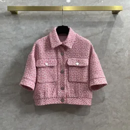 Jaquetas Femininas Casaco curto de tweed rosa feito à mão de alta qualidade para blusa feminina de manga de um quarto 230803