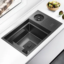 SUS 304 Stainless Steel Nanometer Black Hidden Cup Rinser Sink 4mm Thickness Handmade Undermount Kitchen Hidden Sinks