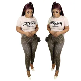 Calças femininas de duas peças conjuntos casuais com estampa de letras camiseta e calça com decote redondo frete grátis