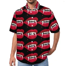 メンズカジュアルシャツの牙と唇のシャツハロウィーンバイトマイビーチルーズハワイアンハラジュクブラウス半袖グラフィック特大のトップ
