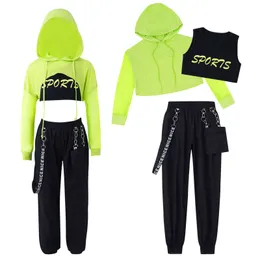 Clothing Sets Hip Hop Girls Clothing Jazz Costumes Kids Hooded Net Cover Up Tops With Crop Vest And Pants Sports Set Modern Dance Street Wear 230803