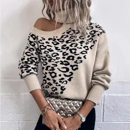 Suéteres de mujer, suéter de punto de leopardo de inspiración bohemia, jerséis sexis de manga larga con hombros descubiertos para mujer, jerséis de otoño e invierno