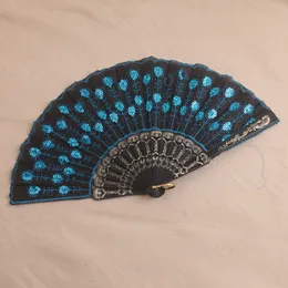 Ventiladores dobráveis de pavão de plástico de mão com lantejoulas, multicoloridos, ventilador portátil, ventilador chinês, para festa de dança de casamento, verão