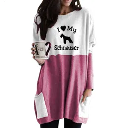 Kvinnors hoodies tröjor jag älskar min hund schnauzer tecknad tryckficka länge för kvinnliga femmes älskare gåva kvinnor vårhylsa 230802