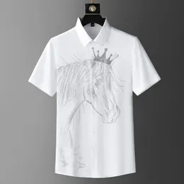 Luxury Crown Horse Shirts Men Summer Short Sleeve Slim Casual Shirt Vintage Business Social Party Tuxedo Blouse 2023