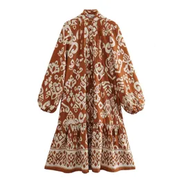 가을 스타일 기질 반 하이 칼라 긴 슬리브 인쇄 여성을위한 주름진 짧은 치마 드레스