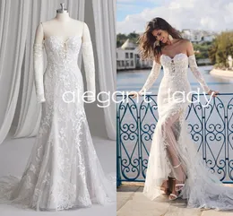 Sexy Sequined Wedding Dress with Detachable Long Sleeves Beaded Overlay Skirt Sweetheart Lace Applique Mermaid Bridal Gowns