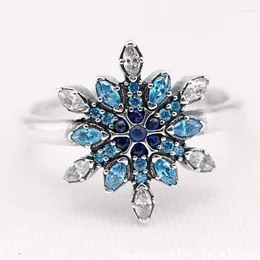 Klusterringar kristalliserad snöflinga ring för kvinnor autentiska S925 Sterling Silver Lady Jewel Girl Girl Birth Clear Blue CZ