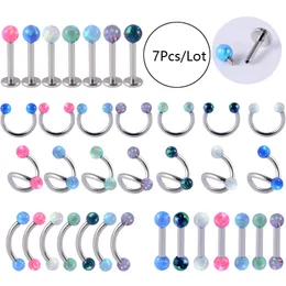 Labret Lip Piercing Jewelry 7Pcs Mixed Color Opal Ball Ear Cartilage Tragus Helix Stud Spiral Horseshoe Barbell Eyebrow Banana Bar Piercings 230802