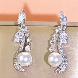 Brinco de designer de pérola de imitação de charme para mulher branca de luxo AAA zircônia cúbica gota casamento brincos femininos de diamante jóias agulha de prata esterlina S925