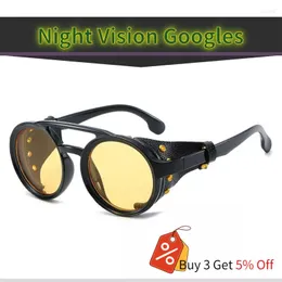 النظارات الشمسية Steampunk Night Vision Googles Men Punk Round Brand Design Retro Double-Bridge Windshield Driving Shades Eyewear