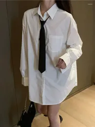 Женские блузки Qnpqyx Женские рубашки Осень весенняя корейская мода с длинным рукавом негабаритный рубашка белый случай с галстуком