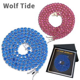 Mężczyźni czerwony i niebieski sześcien cyrkon łańcuch tenisowy Naszyjnik bling wie 18k białe złoto spersonalizowany hip hop Tide 0,16 cala Raper Akcesoria biżuterii Prezenty na sprzedaż
